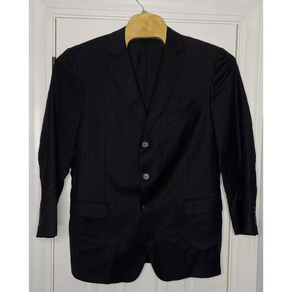 Zegna Mens City Three Button Sport Coat Blazer Black Stripes 56R‎ Wool Silk